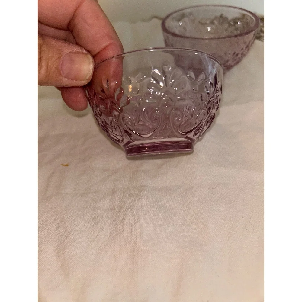 Set of 4 Vintage Purple Pressed Glass Bowls Fleur De Lis Embossed Lavender 3.5